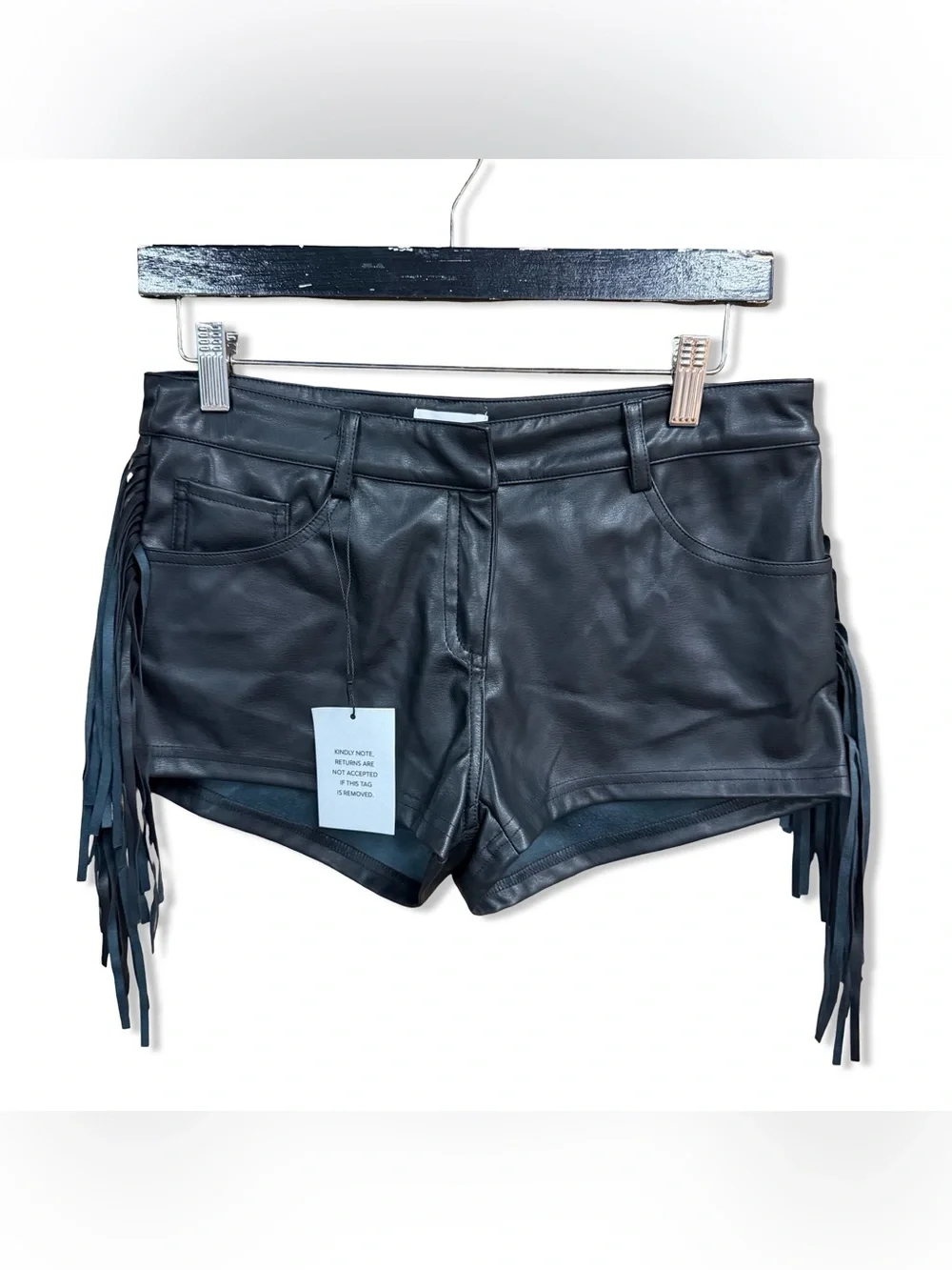 superdown Karina Fringe Shorts Black Faux Leather High-Waist Revolve S